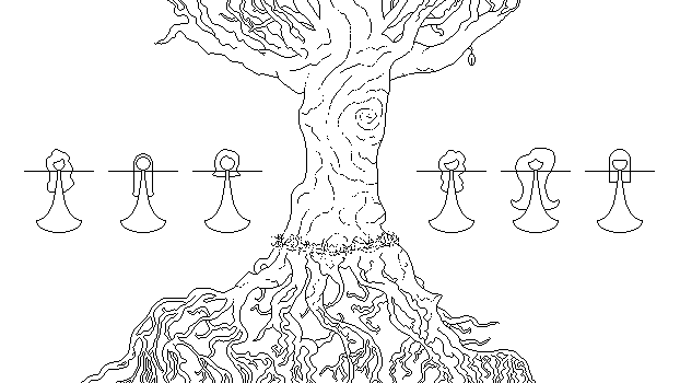 6 women in white dresses, 3 on each side of a large tree devoid of all leaves save for one on it's right side. The trees roots stretch below the earth...