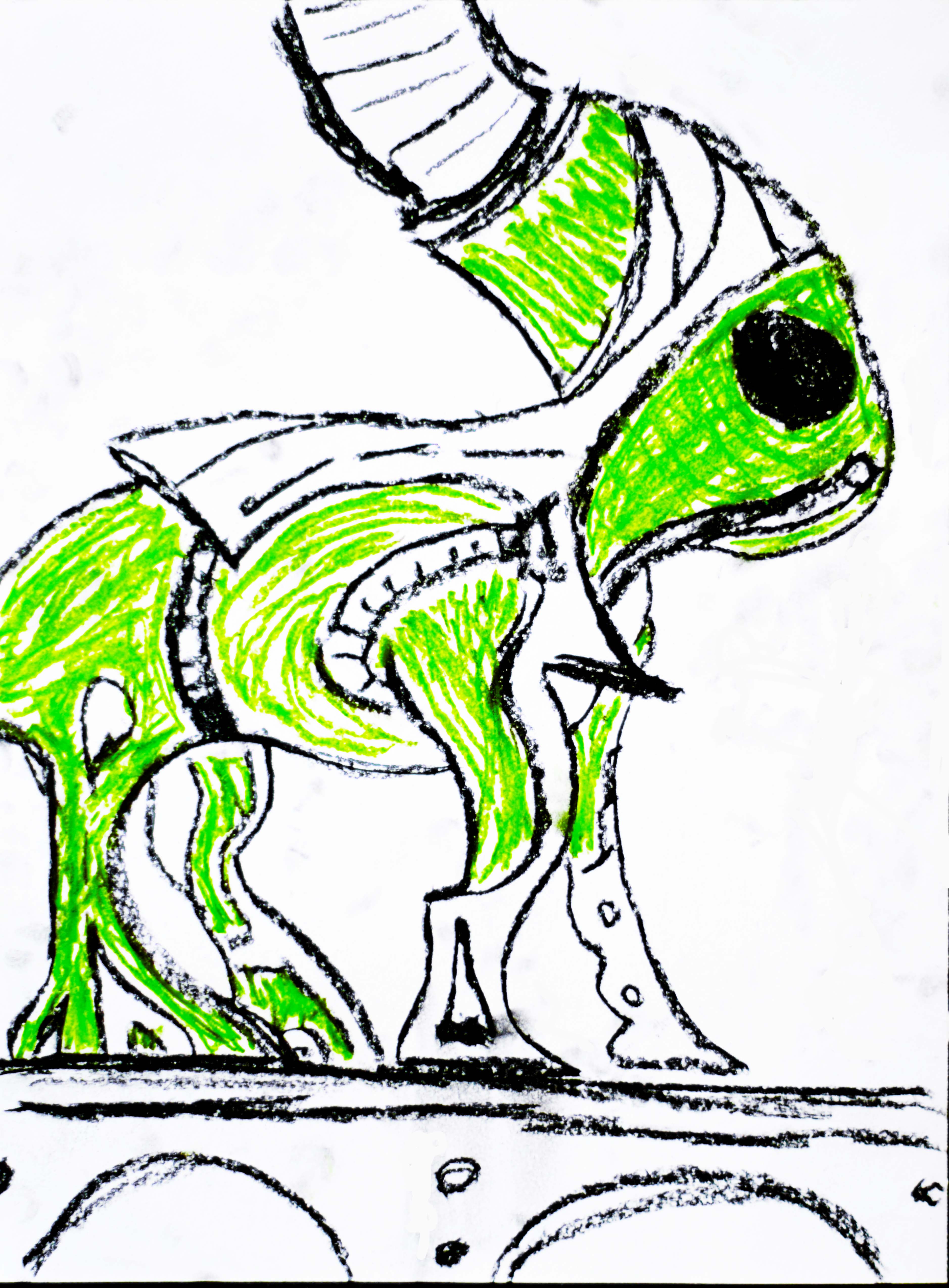 A green alien steed covered in chrome machinations.